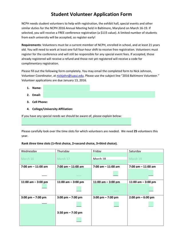 Student Volunteer Application Form screenshot
