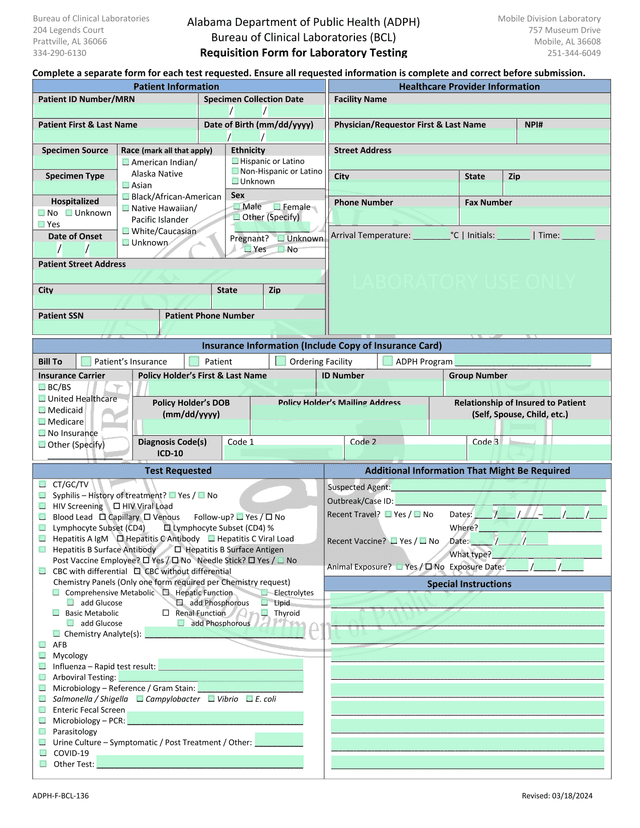 ADPH F BCL 136 Alabama Department Of Public Health (ADPH) Bureau Of Clinical Laboratories (BCL) Requ screenshot
