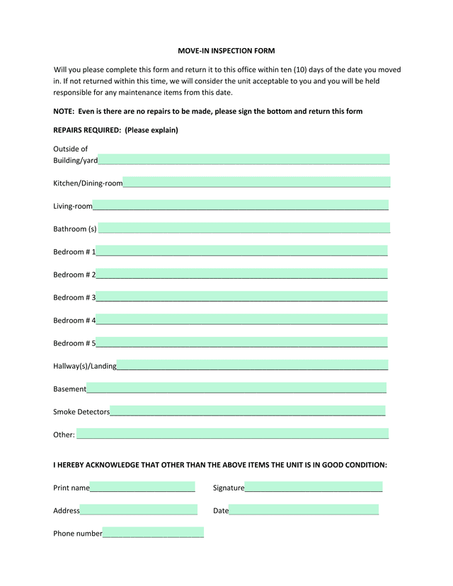 MOVE IN INSPECTION FORM screenshot