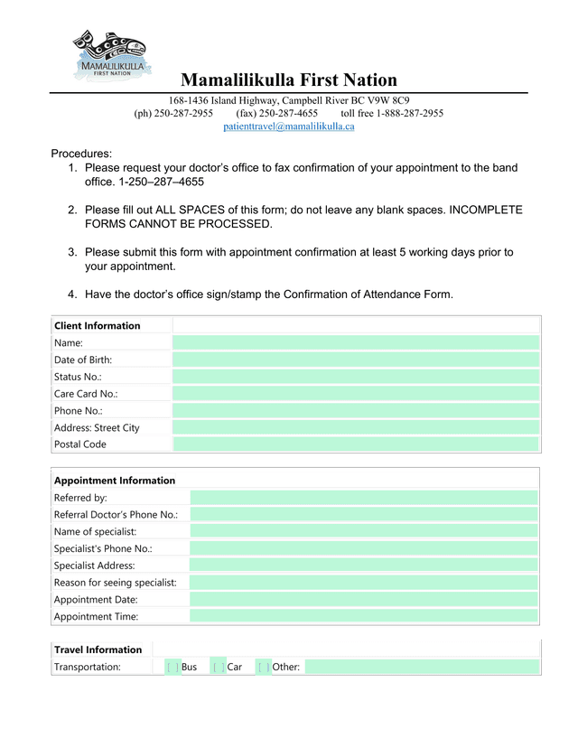 Patient Travel Request Form screenshot