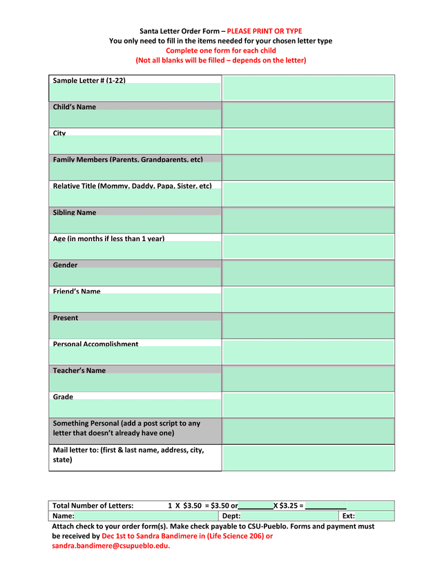 Santa Letter Order Form screenshot