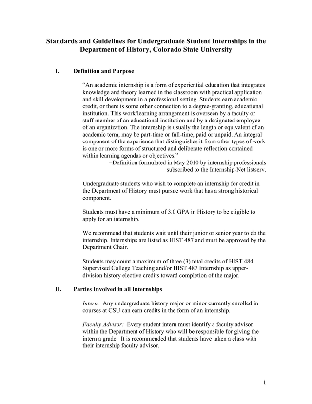 Standards And Guidelines For Undergraduate Student Internships In The Department Of History, Colorad screenshot