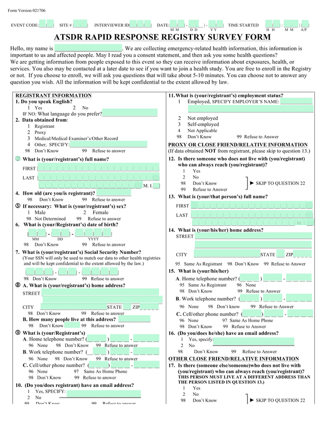 ATSDR Rapid Response Registry Survey Form screenshot