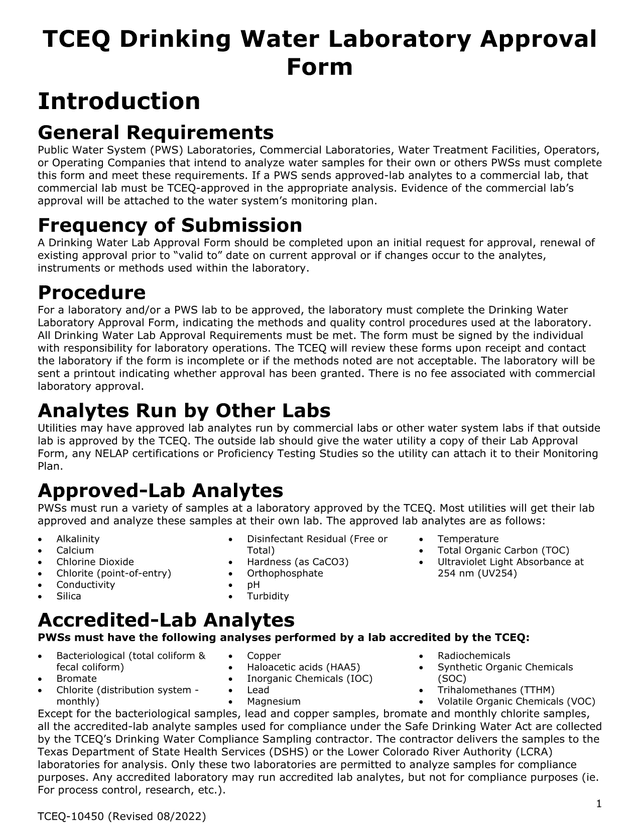 TCEQ Drinking Water Laboratory Approval Form screenshot