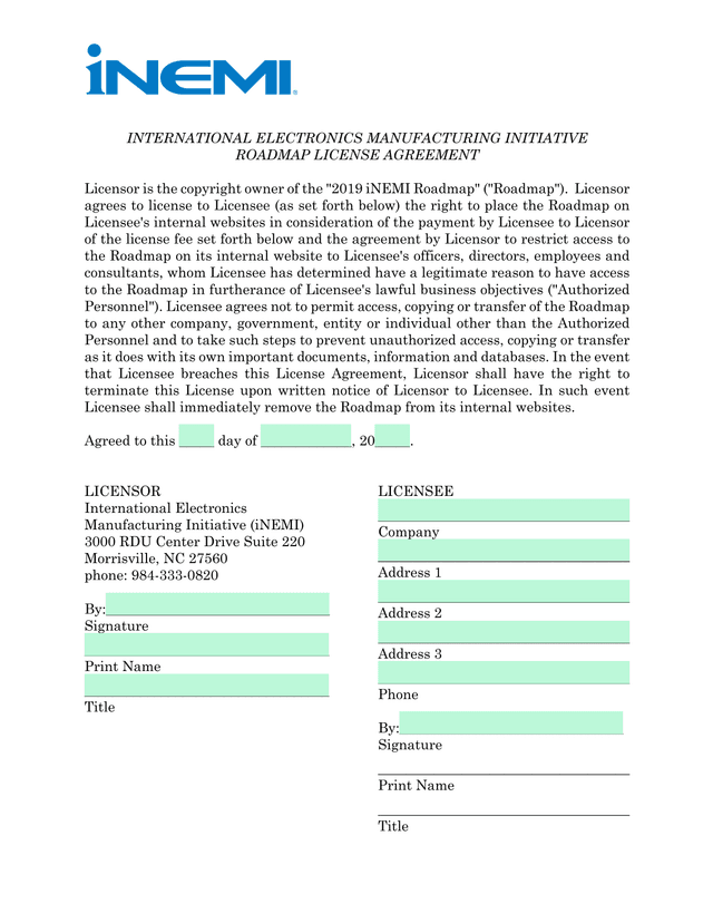 INTERNATIONAL ELECTRONICS MANUFACTURING INITIATIVE ROADMAP LICENSE AGREEMENT screenshot