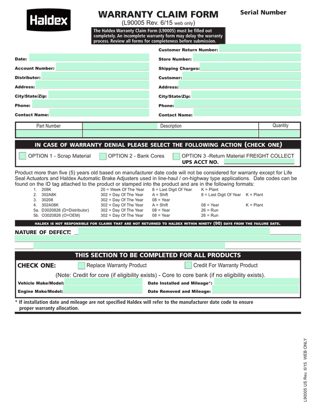 Warranty Claim Form screenshot
