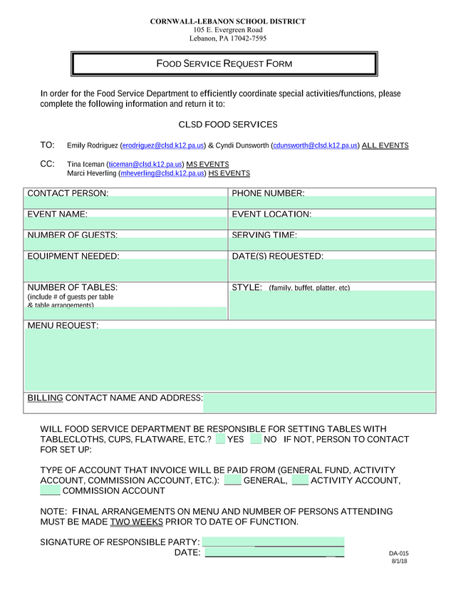 FOOD SERVICE REQUEST FORM screenshot
