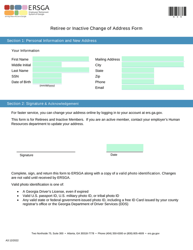 Retiree Or Inactive Change Of Address Form screenshot