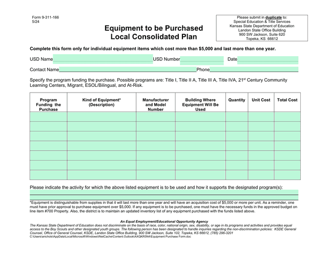 Equipment To Be Purchased   Local Consolidated Plan screenshot