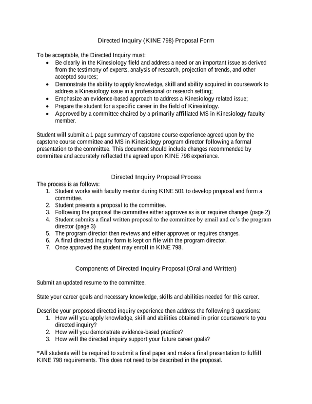 Directed Inquiry (KINE 798) Proposal Form screenshot