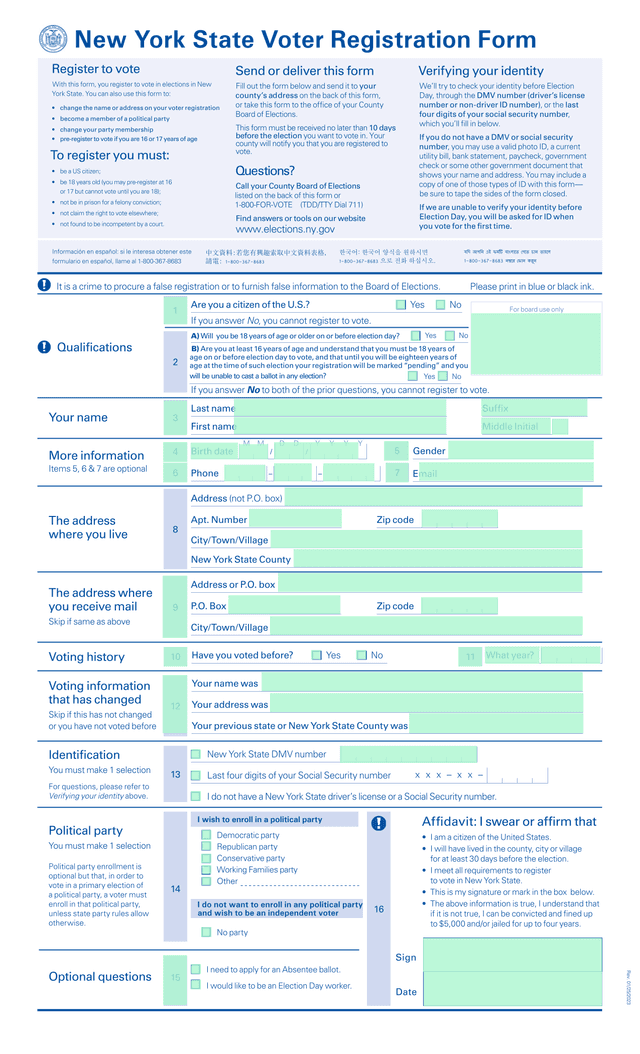 New York State Voter Registration Form screenshot