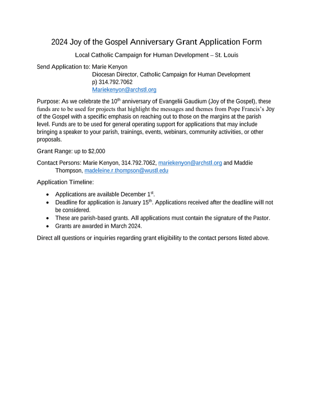 2024 Joy Of The Gospel Anniversary Grant Application Form screenshot