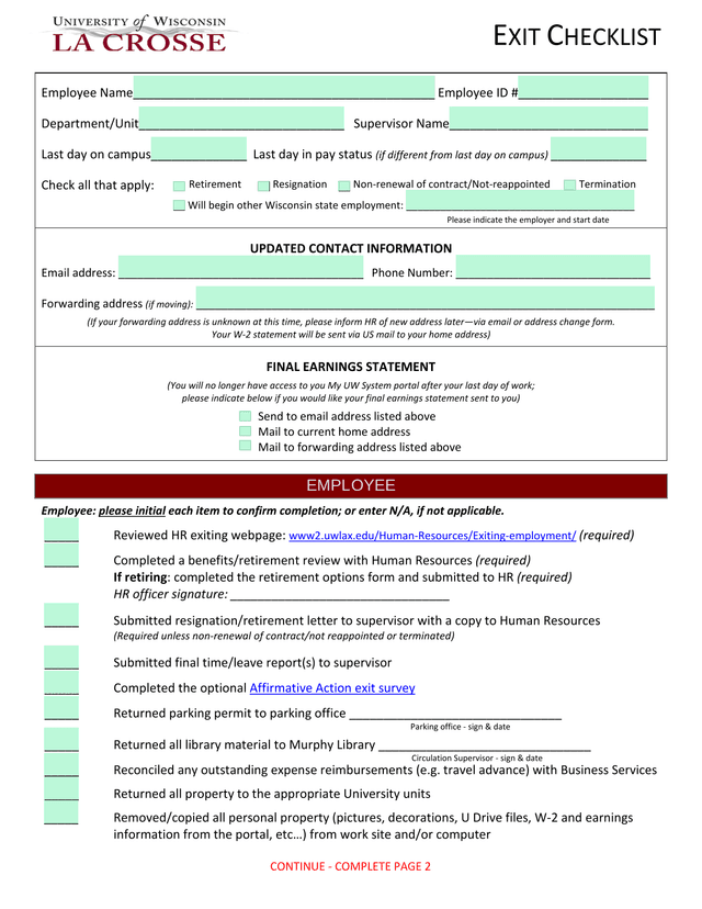 Employee Exit Checklist screenshot