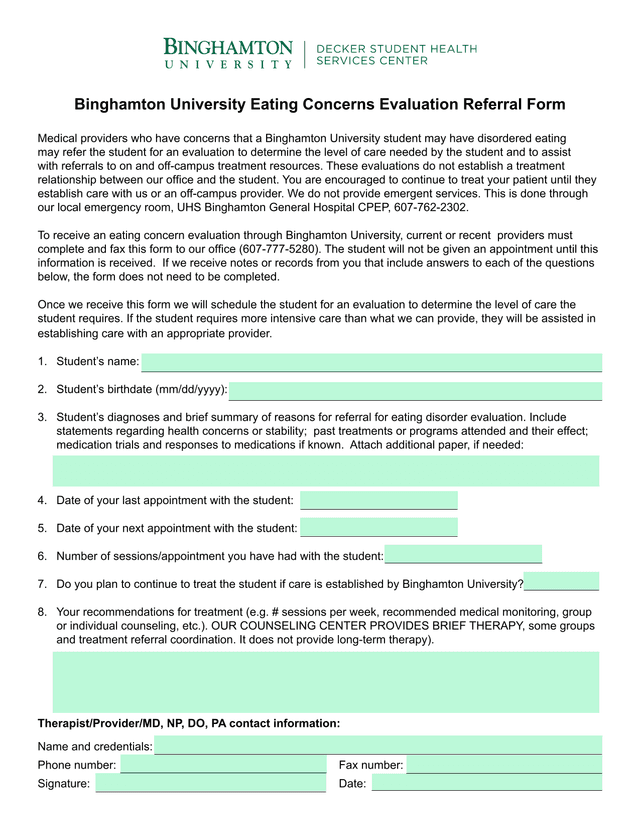 Binghamton University Eating Concerns Evaluation Referral Form screenshot