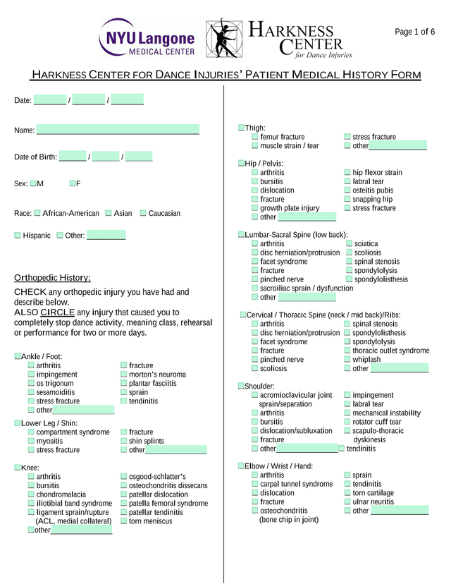 HARKNESS CENTER FOR DANCE INJURIES PATIENT MEDICAL HISTORY FORM screenshot