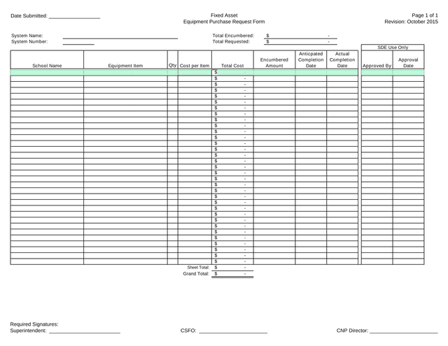 Fixed Asset Equipment Purchase Request Form screenshot