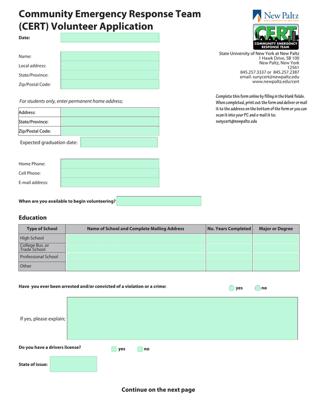 Community Emergency Response Team (CERT) Volunteer Application screenshot