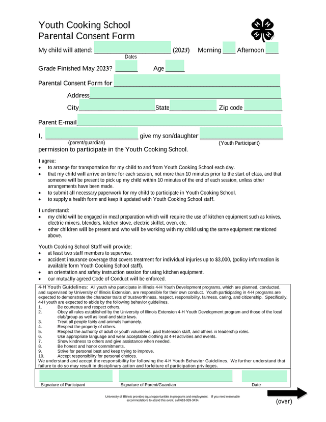 Youth Cooking School Parental Consent Form screenshot