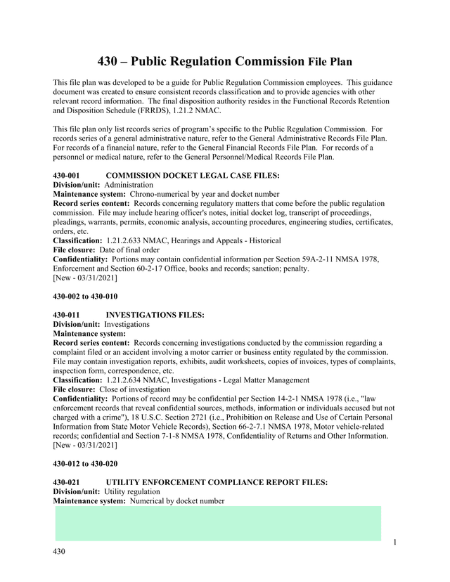 430  Public Regulation Commission File Plan screenshot