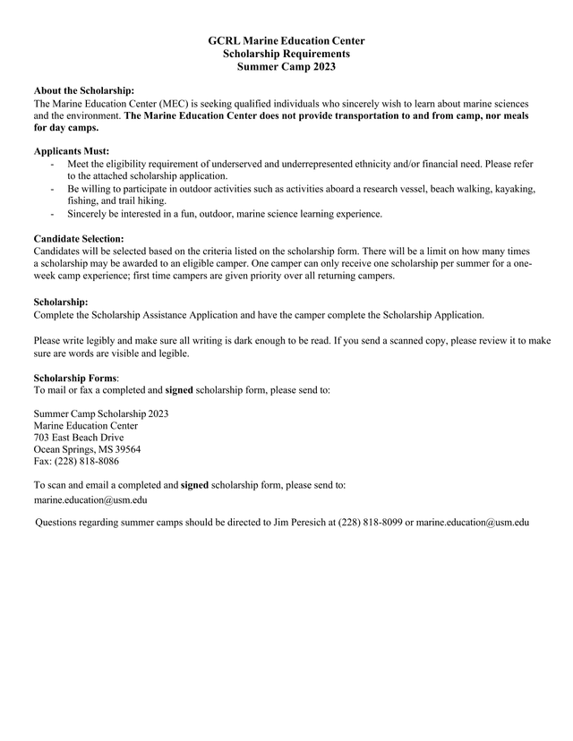 GCRL Marine Education Center Scholarship Requirements Summer Camp 2023 screenshot
