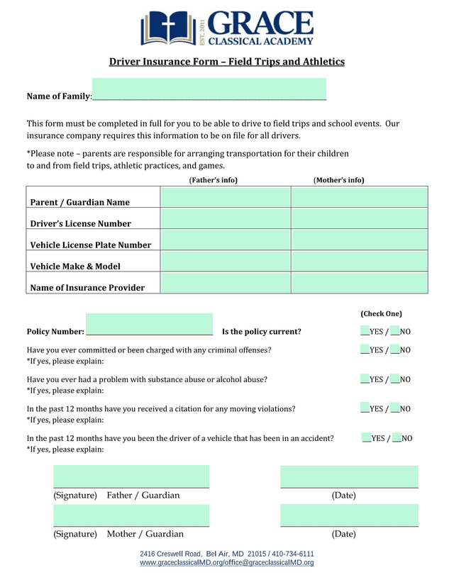 Driver Insurance Form  Field Trips And Athletics screenshot