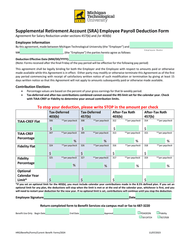 Supplemental Retirement Account (SRA) Employee Payroll Deduction Form screenshot