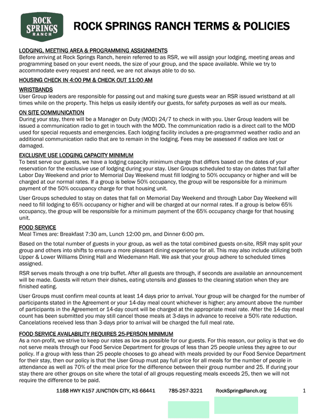 Rock Springs Ranch Terms  Policies screenshot