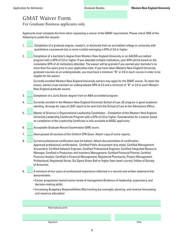 GMAT Waiver Form screenshot