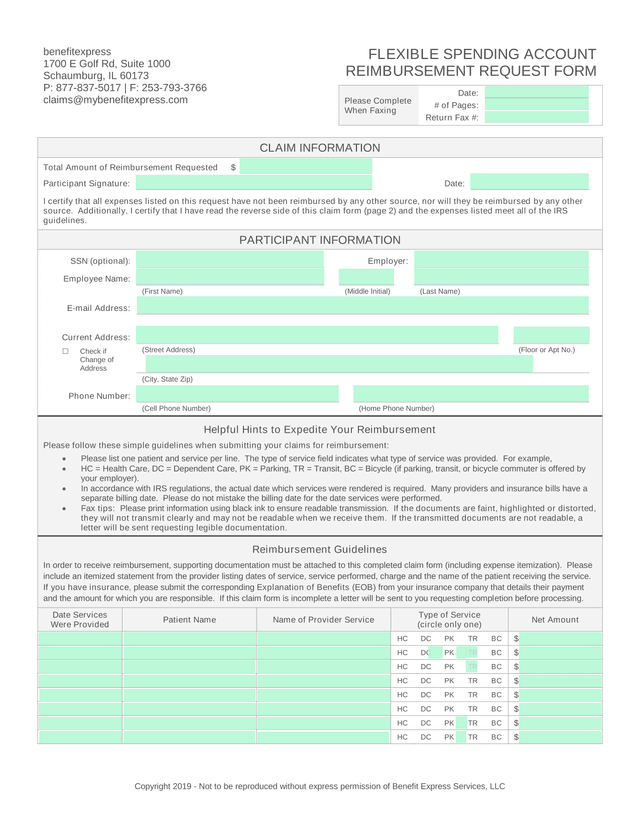 Flexible Spending Account Reimbursement Request Form screenshot
