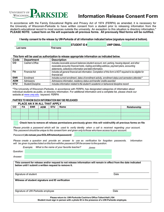 Information Release Consent Form screenshot