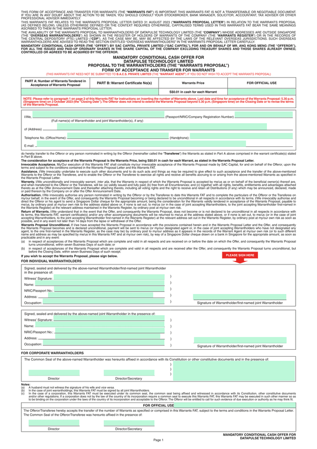 Form Of Acceptance And Transfer For Warrants screenshot