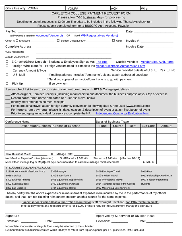 Expense Reimbursement Request Form screenshot