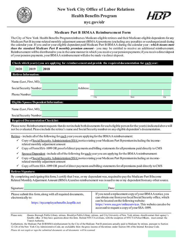 Medicare Part B IRMAA Reimbursement Form screenshot