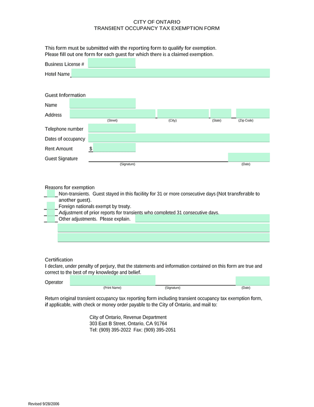 Transient Occupancy Tax Exemption Form screenshot