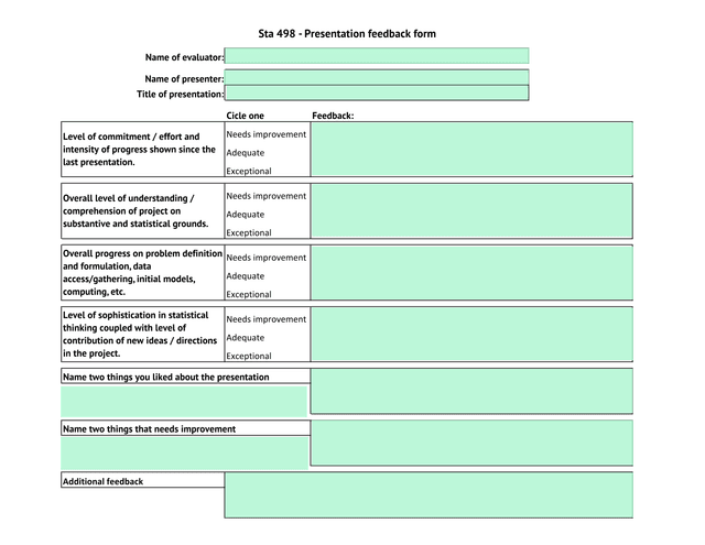 Sta 498   Presentation Feedback Form screenshot