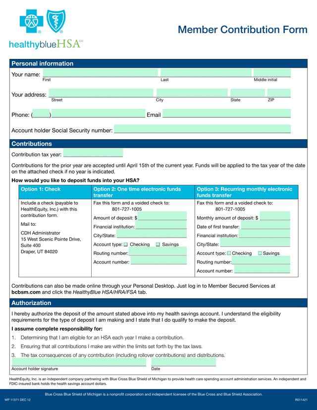 Health Savings Account (HSA) Contribution Form screenshot
