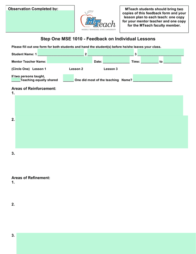 Step One MSE 1010   Feedback On Individual Lessons screenshot