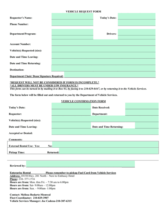 Vehicle Request Form screenshot