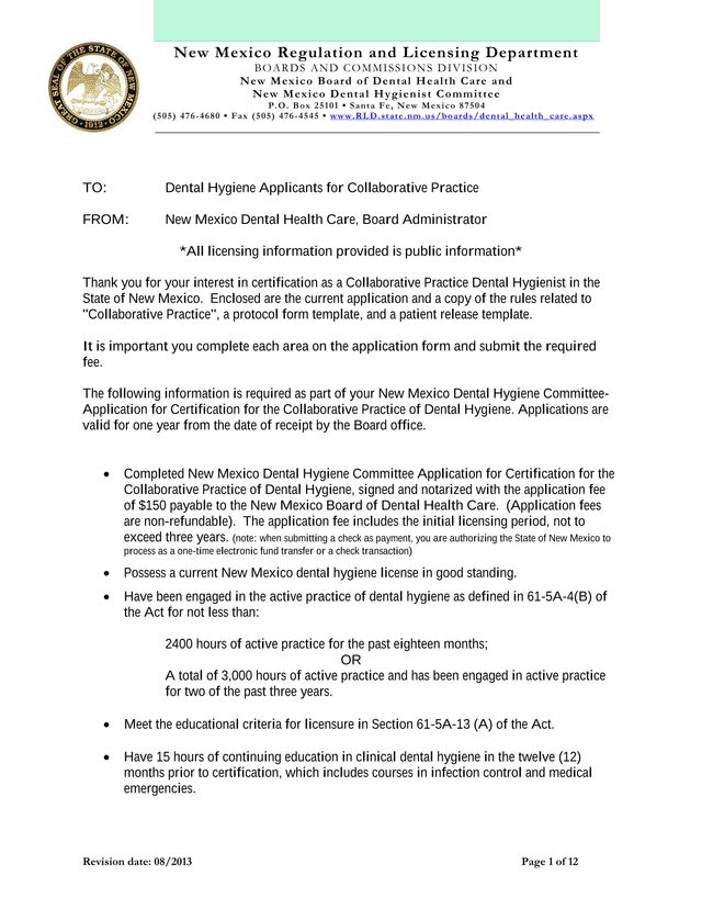 New Mexico Dental Hygiene Committee Application For Certification For The Collaborative Practice Of  screenshot