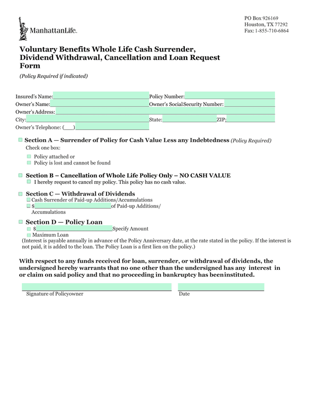 Voluntary Benefits Whole Life Cash Surrender, Dividend Withdrawal, Cancellation And Loan Request For screenshot