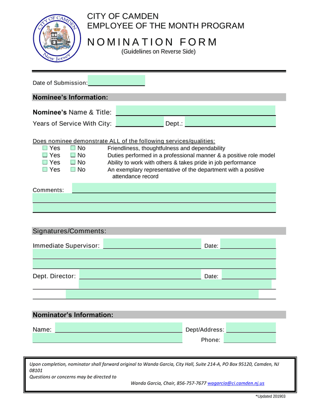 City Of Camden Employee Of The Month Nomination Form screenshot