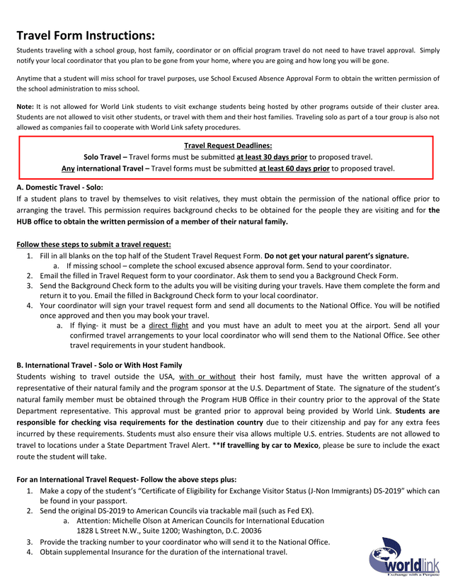 Travel Request Form Instructions screenshot