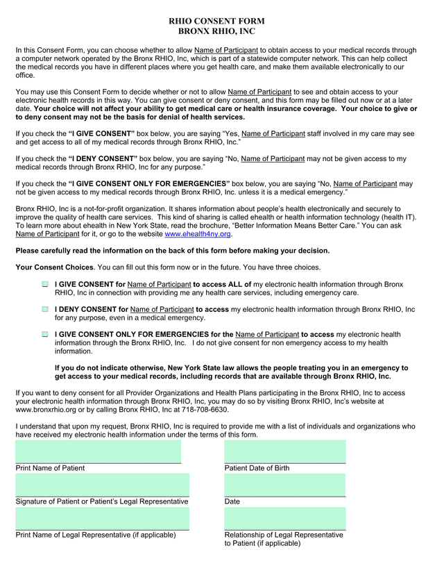 RHIO CONSENT FORM screenshot
