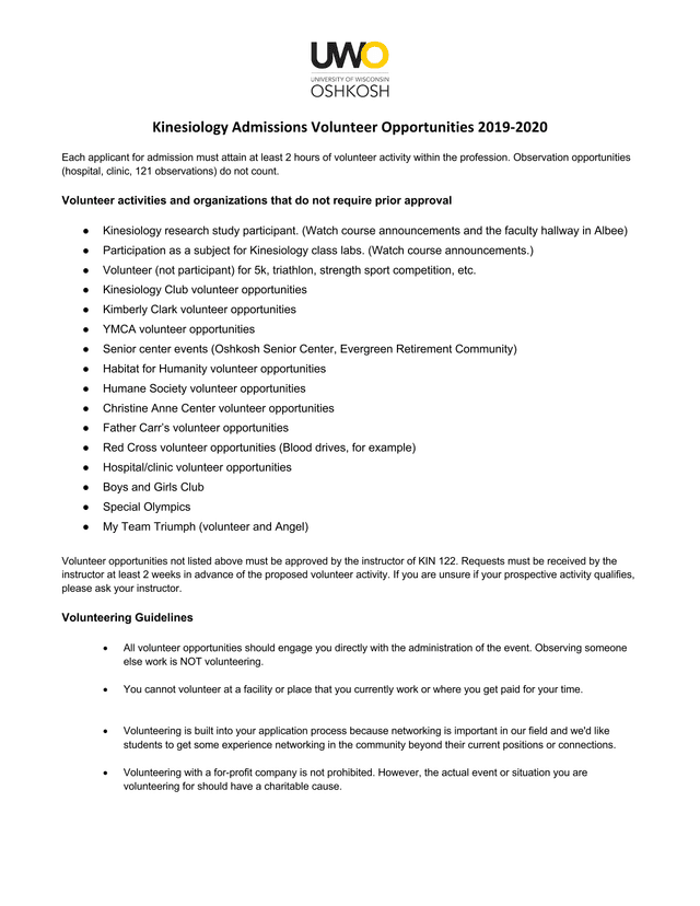 Kinesiology Admissions Volunteer Opportunities 2019 2020 screenshot
