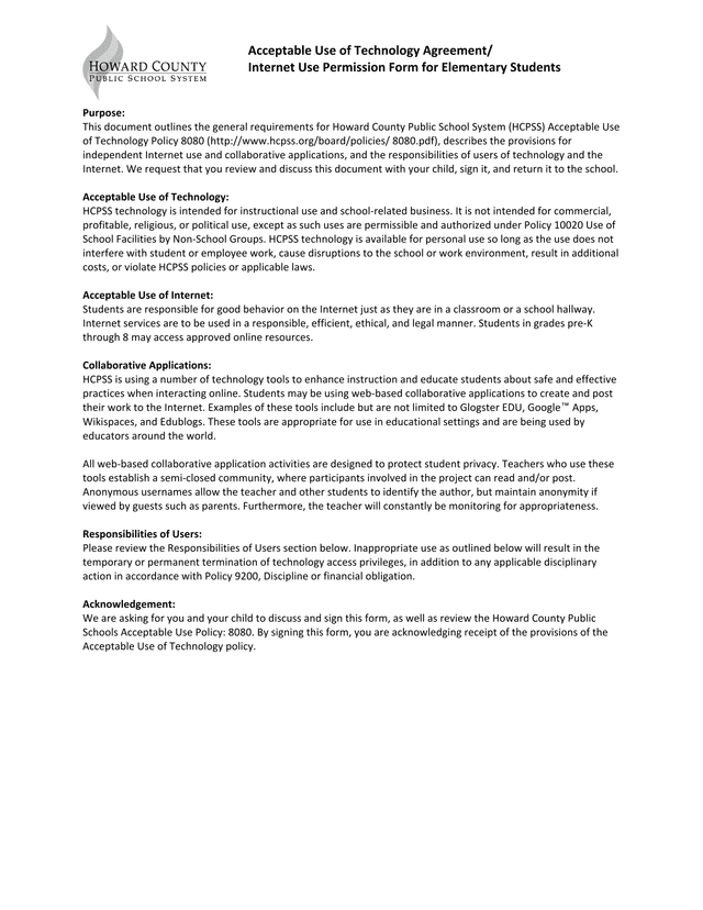 Acceptable Use Of Technology Agreement Internet Use Permission Form For Elementary Students screenshot