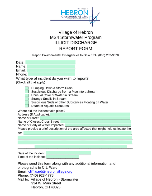 MS4 Stormwater Program Illicit Discharge Report Form screenshot