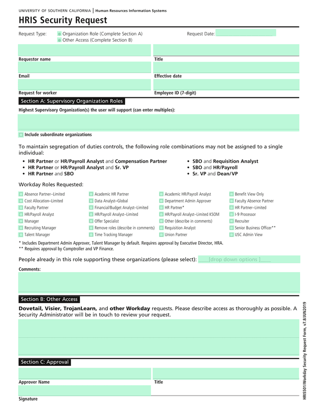 HRIS501Workday Security Request Form screenshot