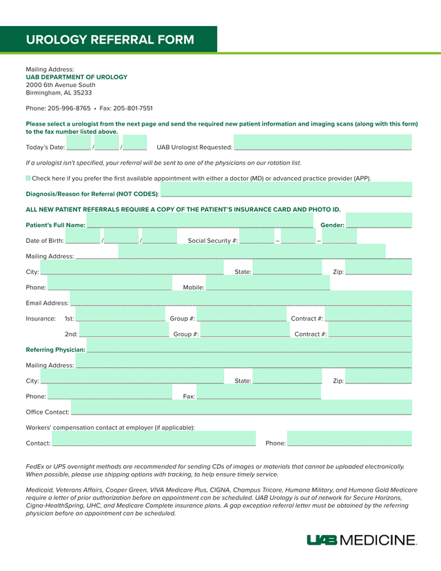 UAB Urology New Patient Referral Form screenshot