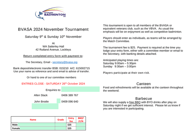 BVASA 2024 November Tournament Entry Form screenshot