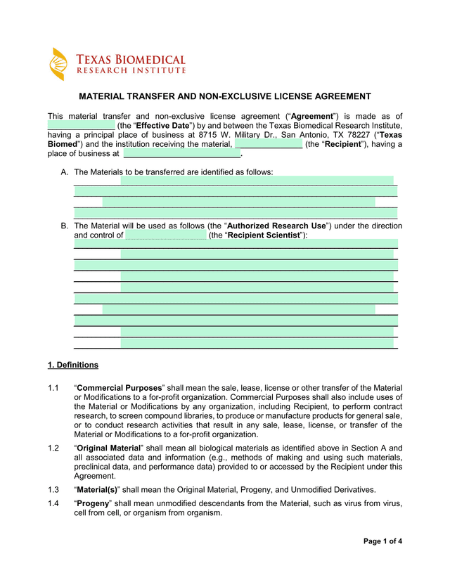 Material Transfer And Non Exclusive License Agreement screenshot